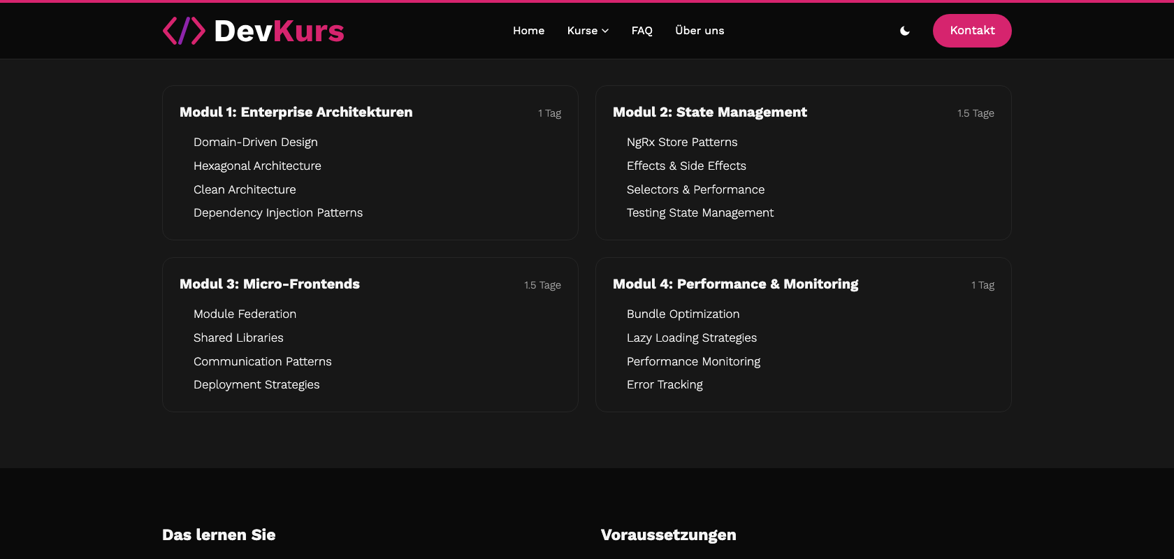 Kursinhalte der Detailseite «Angular Enterprise» auf DevKurs mit vier Modulen samt Tagesangaben