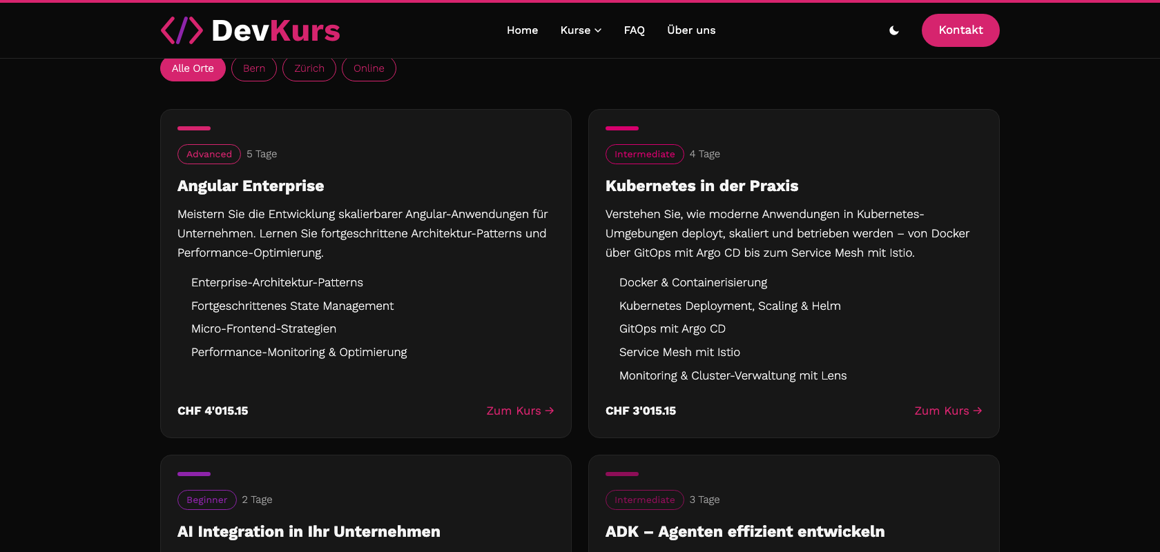 Kursübersicht von DevKurs mit Karten zu Angular Enterprise, Kubernetes, KI-Integration und ADK inklusive Level, Dauer und Preis