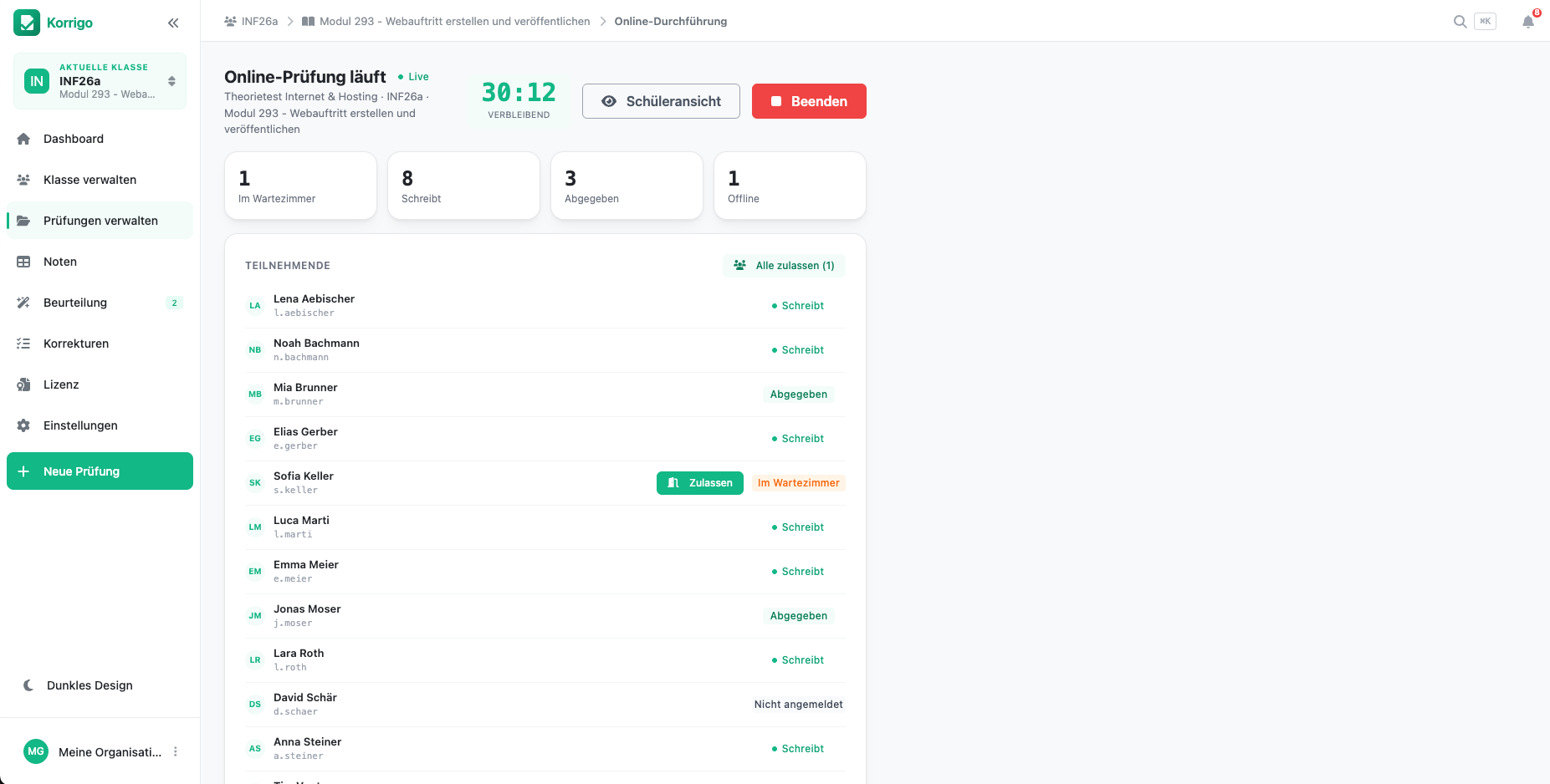 Live-Monitor einer laufenden Online-Prüfung in Korrigo mit Countdown, Statusübersicht und Teilnehmerliste mit Wartezimmer-Zulassung