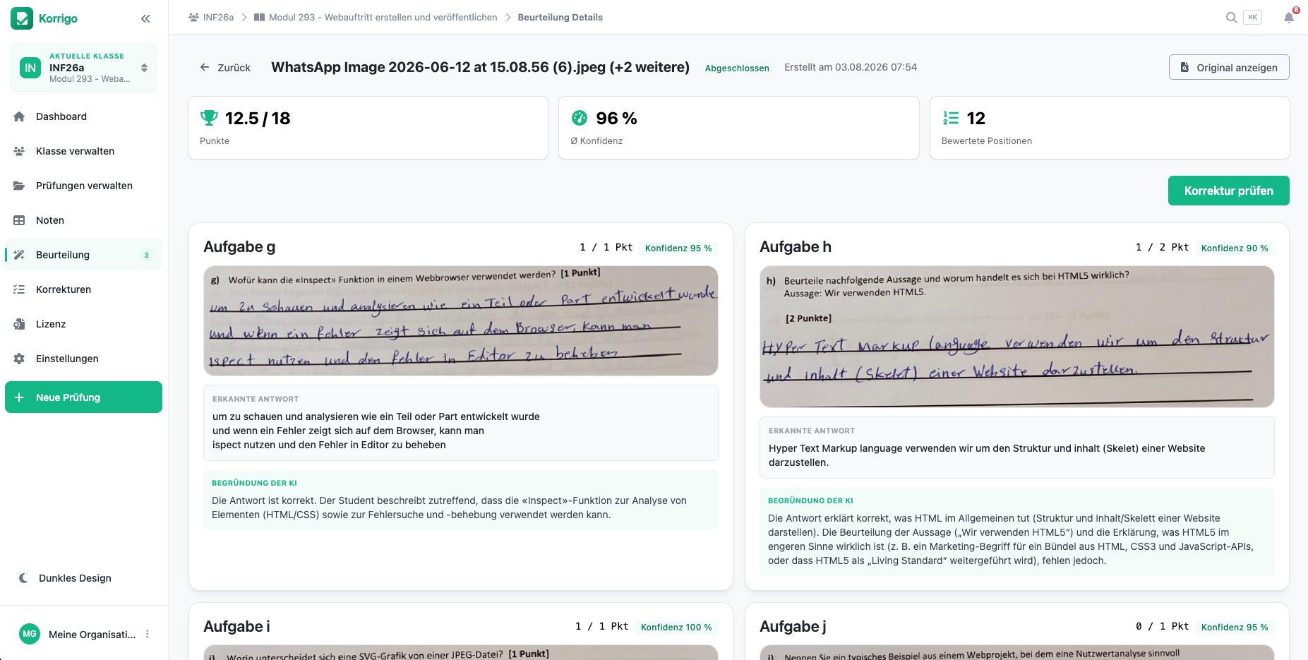 Beurteilungsdetails in Korrigo mit zugeschnittenen Aufgaben-Scans, KI-Punktevorschlägen, Konfidenz und Begründung pro Aufgabe