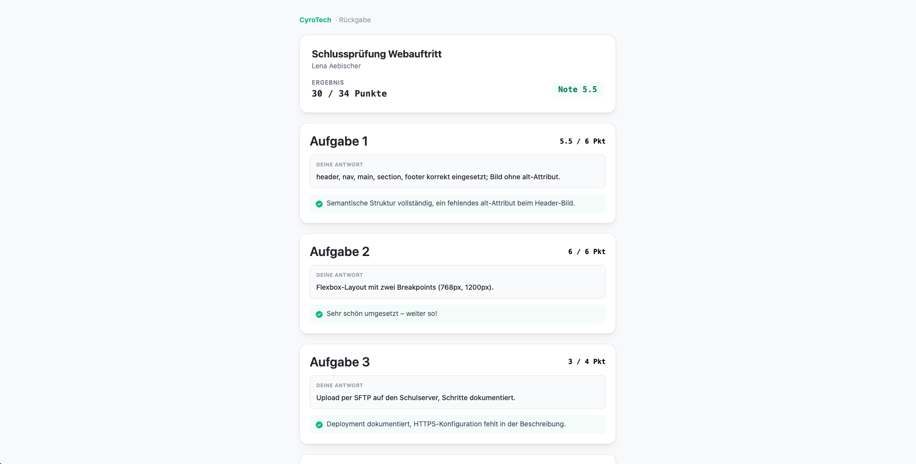 Öffentliche Rückgabeseite von Korrigo mit Gesamtergebnis, Note sowie Antworten und Feedback pro Aufgabe