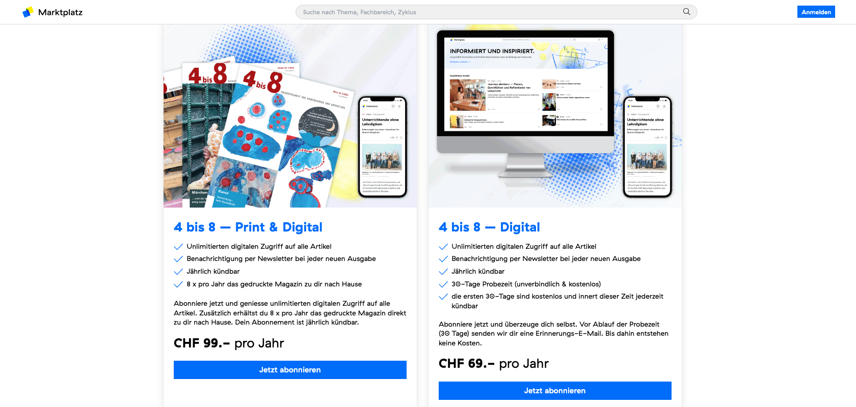 Aboshop in Marktplatz mit Print- und Digital-Abonnementen der Zeitschrift 4 bis 8 im Vergleich