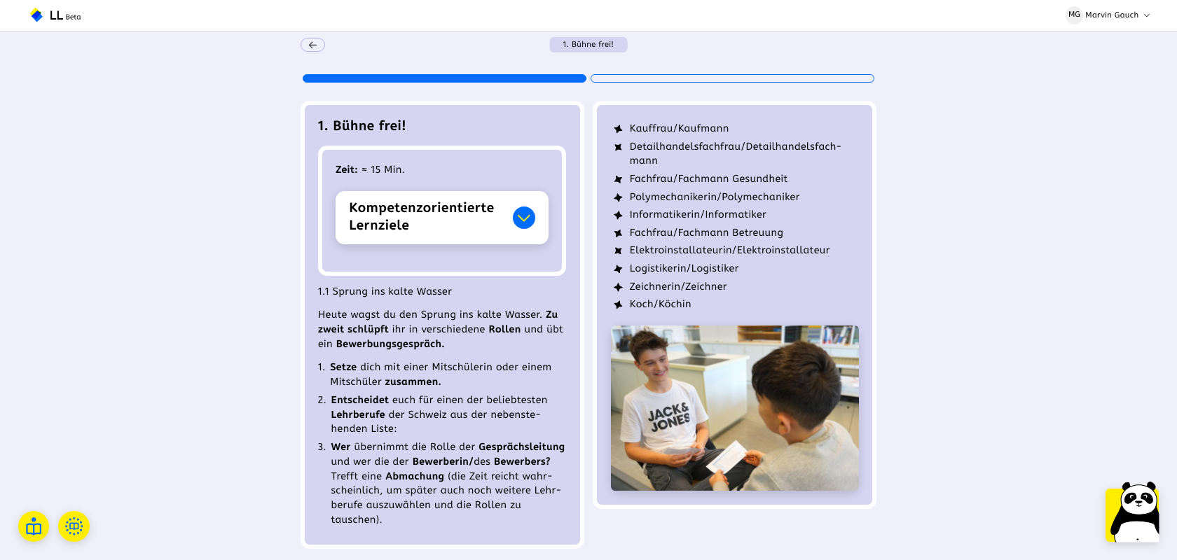 Aufgabenansicht in RIVA mit Zeitangabe, kompetenzorientierten Lernzielen und Arbeitsauftrag