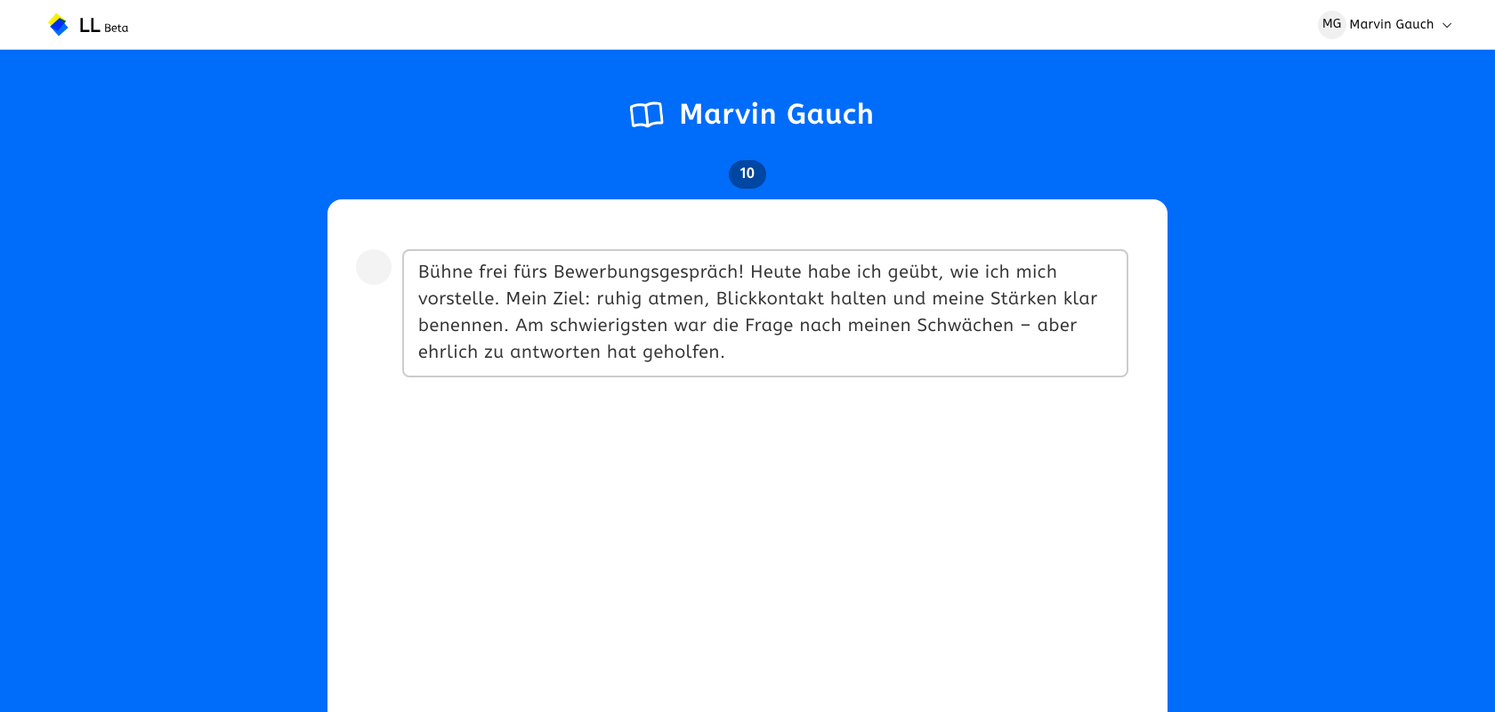 Persönliche Heftseite in RIVA mit einer Notiz zur Aufgabe «Bühne frei fürs Bewerbungsgespräch»