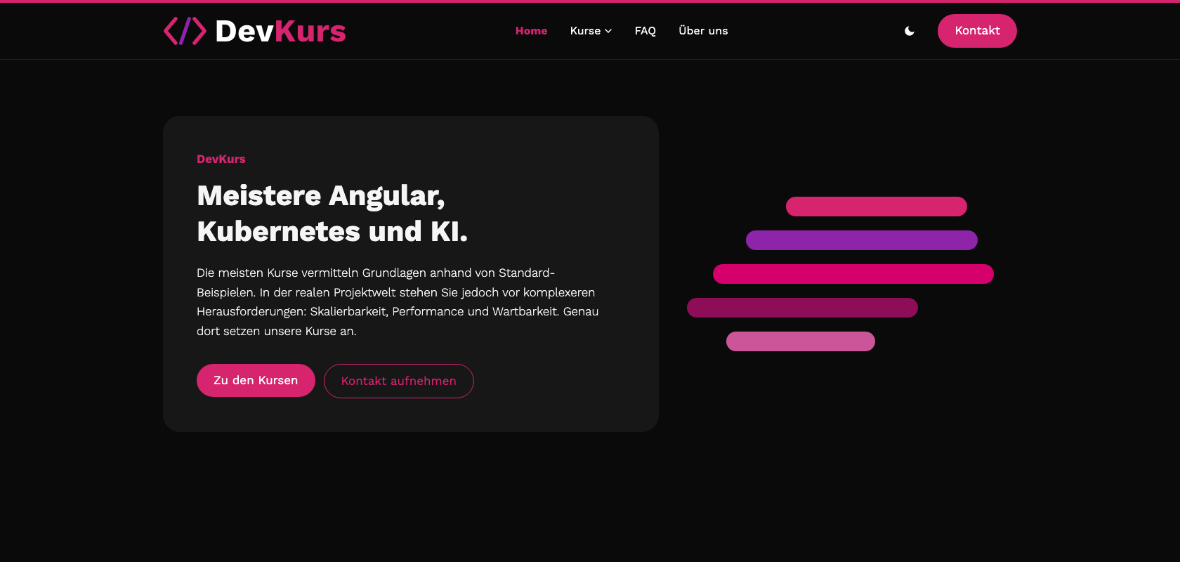 DevKurs home page with the claim "Master Angular, Kubernetes and AI" in a dark design