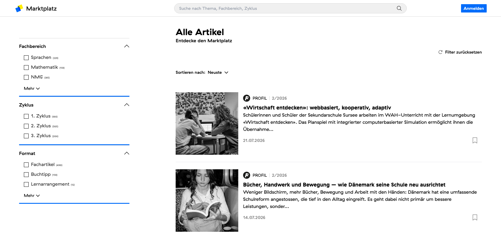 Article overview in Marktplatz with filters for subject, cycle and format